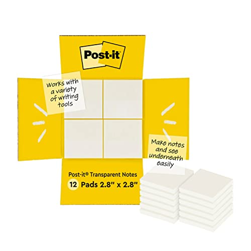 Post-It Notes Transparent Sticky Notes, 3'' x3'', 12 Pads, 36 Sheets/Pad (600-TRSPT-SIOC)