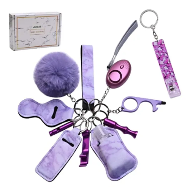 JAGAS Self Defense Keychain Set For Women and Kids 10 Pcs Self Protection Safety Keychain Accessories Including Safety Alarm Purple Medium Purple Kc