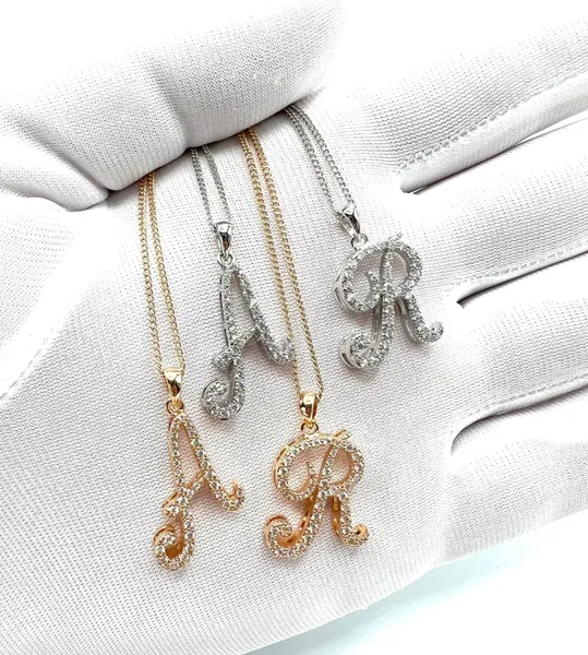Initial Necklace 24 KT Gold Filled and Silver CZ Diamonds Regina George Letter Necklace For Women Initial Pendant Jewelry Gold Chain Cursive
