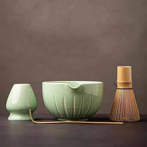 TANG PIN Matcha Set - Match Bowl with Spout and Whisk, 15 OZ, Matcha Scoop | Matcha Whisk Stand (Chasen Holder) - 4pc Perfect Matcha Kit for Matcha Tea Ceremony (Green) - Green