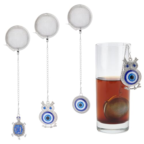 UNICRAFTALE 3 Sets Mesh Tea Infuser Stainless Steel Tea Infuser with Chain Hook Tea Ball Strainer Infusers Loose Tea Mesh Filters with Tibetan Style Turtle Owl Devil's Eye Pendants - Turtle Owl Devil's Eye