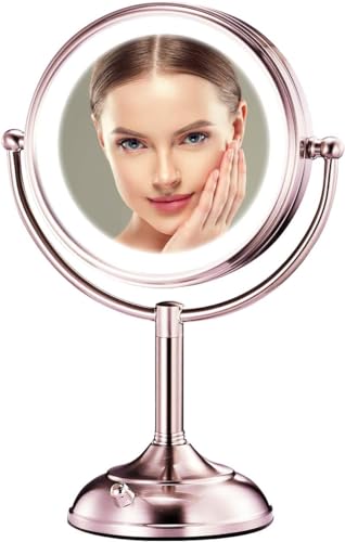 VESAUR 2024 Latest Lighted Makeup Mirror Pink, 1X/10X HD Undistorted Magnifying Mirror, 8.5" Double Sided LED Vanity Mirror with 3 Colors Dimmable Lights, 360° Swivel, Dual Power Supply, Senior Nickel - D Rose Nickel