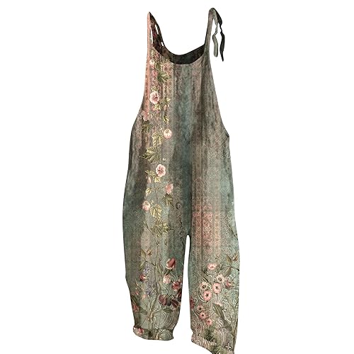 Jumpsuit for Women 2024 Dressy Floral Print Casual Loose Vintage Shoulder Strap Cotton Linen Jumpsuit Overalls - 06-mint Green - Medium