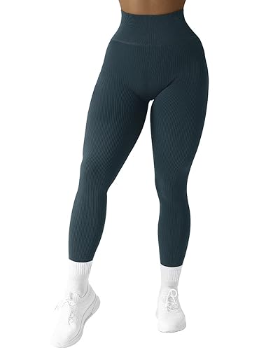 SUUKSESS Women Ribbed Seamless Leggings High Waisted Workout Gym Yoga Pants - Small - 18 Deep Green