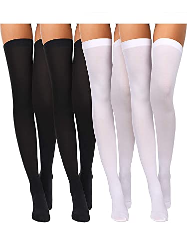 Boao 4 Pairs Women's Silk Thigh High Stockings Nylon Socks for Women Halloween Cosplay Costume Party Tights Accessory - Black, White - Medium