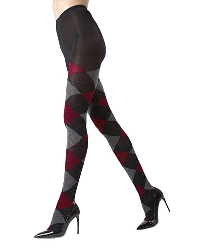 MeMoi Classic Argyle Cotton Tights for Women, Cozy Sweater Tights, Warm and Stylish Patterned Tights - Sizes Small to 6x - Small-Medium - Black/Red