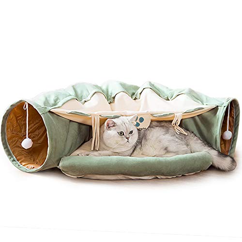 Cat Tunnel Bed with Cushion Mat, Cat Tunnel Toy Play Center with Collapsible Tube and Removable Thick Bed and 2 Hanging Scratching Balls, Peak Hole Hideout House for Cat Puppy Kitten (Green) - Green