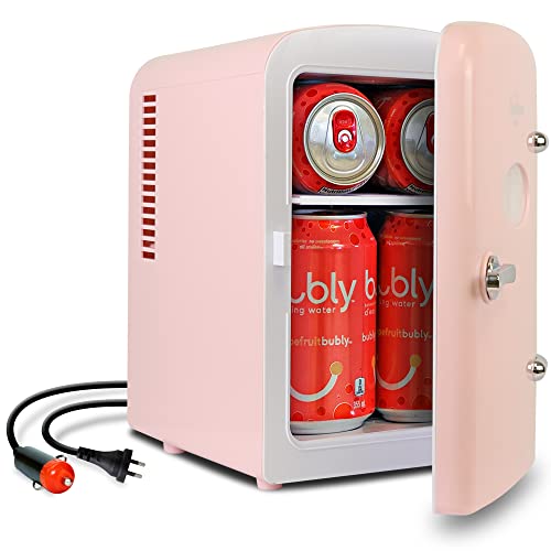 Retro Mini Fridge For Bedrooms 4L Small Fridge 6 Can Table Top Fridge Quiet Mini Fridges For Skincare Food Drinks Kids Home Car & Travel 12v Portable Cooler Warmer Refrigerator by Koolatron, Pink - Pink