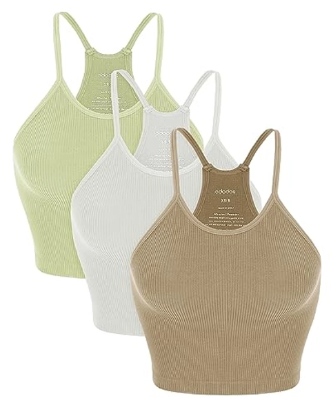 ODODOS Women's Crop 3-Pack Washed Seamless Rib-Knit Camisole Crop Tank Tops