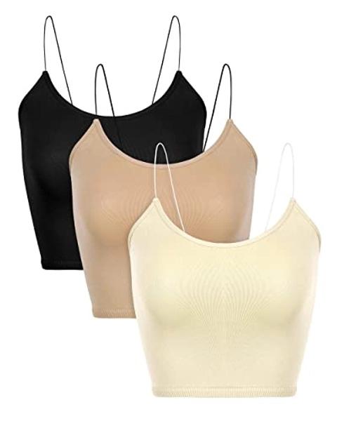 ODODOS Women's Crop 3-Pack Washed Seamless Rib-Knit Camisole Crop Tank Tops