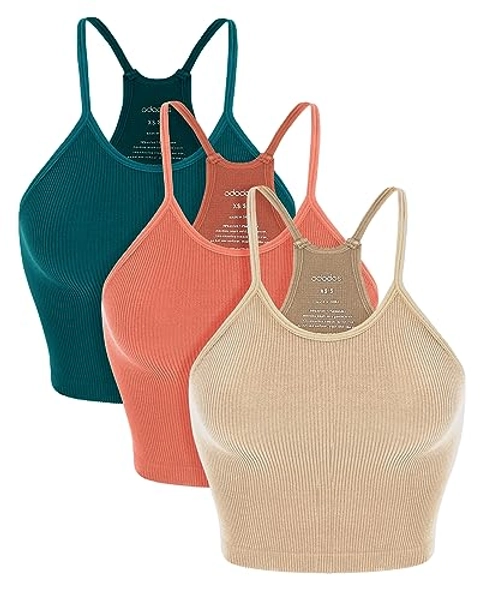ODODOS Women's Crop 3-Pack Washed Seamless Rib-Knit Camisole Crop Tank Tops