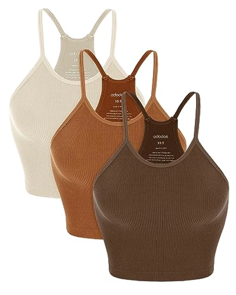 ODODOS Women's Crop 3-Pack Washed Seamless Rib-Knit Camisole Crop Tank Tops