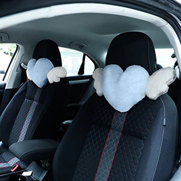 Macarrie 2 Pcs Plush Heart Shaped Pillow with Angel Wings Car Headrest Pillow Soft Comfortable Car Seat Pillow for Driving Travelling Room Office Car Decor, 19.7 x 8.3 Inch (Light Blue)