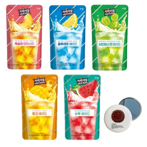 Korean Covenienve Store Drink Pouch Sampler Set - 5 PACK 10 PACK (grape, strawberry, blue lemonade, peach ice tea, shine muscat) + dalgaru yakgwa mirror (NEW ADE 5 PACK) - NEW ADE 5 PACK