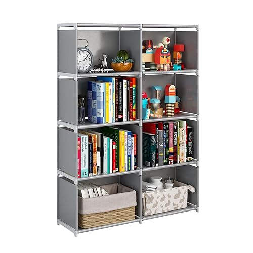 JIUYOTREE 5-Tiers Closet Storage Organizer with Fabric Cloth at Back，Double Row Modular Cubes Bookshelf,Living Room,Study Room,Bedroom,Grey - Grey - 8 Cubes