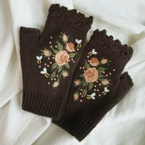 Cozy Floral Half Finger Knitted Gloves - Dark brown / One Size