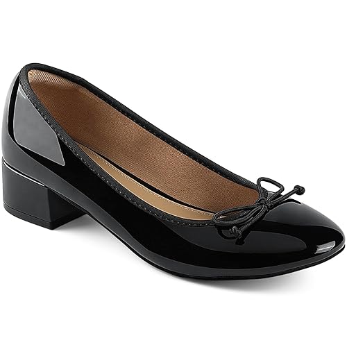 JENN ARDOR Chunky Block Low Heels Bow Round Closed Toe Comfort Work Casual Slip-On Bridal Wedding Guest Dress Sexy Prom Pumps Shoes for Women - 8 - Black-pu