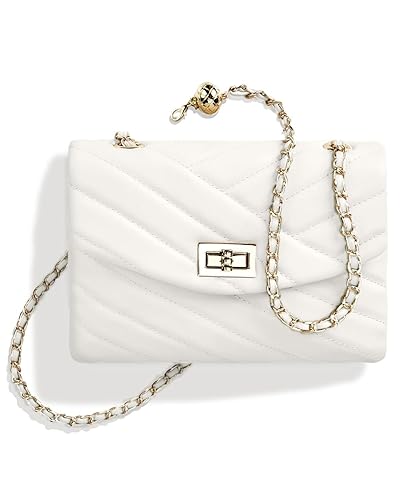 LAVTUG Quilted Leather Crossbody Bags for Women Small Purse with Gold Chain Strap Cute Shoulder Purses for Teens - Cream