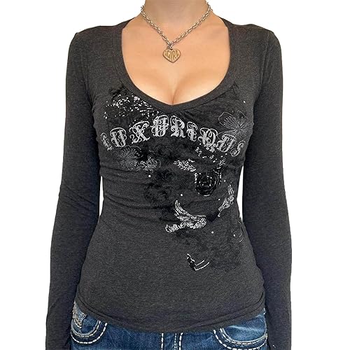 Women Fairy Grunge Y2k Shirt Long Sleeve Tops Fall Aesthetic Teen Girls Vintage Graphic Tees Grunge Clothes - Small - A-gray Black