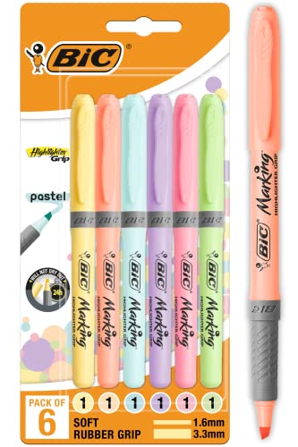 BIC Highlighter Grip Pastel Marcadores de Punta Biselada Regulable - Colores surtidos, Pack de 6 subrayadores pastel, Óptimo para Material Escolar y de Oficina - Pastel - Pack de 6 - Subrayadores