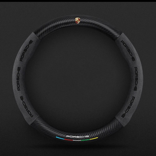  Porsche Carbon Round Steering Wheel Cover Leather Car Accessories 15" Black