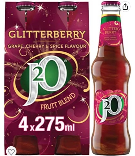 J2O Fruit Blend Juice Drink Glitterberry Grape Cherry Spice 4 x 275ml