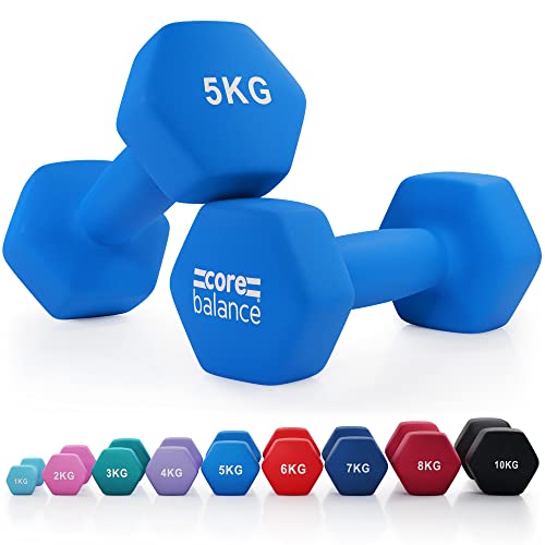 Core Balance Dumbbell Pair Hex Weight Neoprene Coated Cast Iron Strength Training (2 x 1kg, 2kg, 3kg, 4kg, 5kg, 6kg, 7kg, 8kg, or 10kg) - 2 x 5kg - Blue