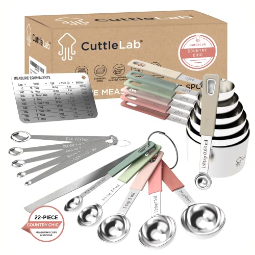 CuttleLab 22-Piece Stainless Steel Measuring Cups and Spoons Set, Tad Dash Pinch Smidgen Drop Mini Measuring Spoons, Measuring Stick Leveler, Measurement Conversion Chart Fridge Magnet, (Country Chic) - Country Chic