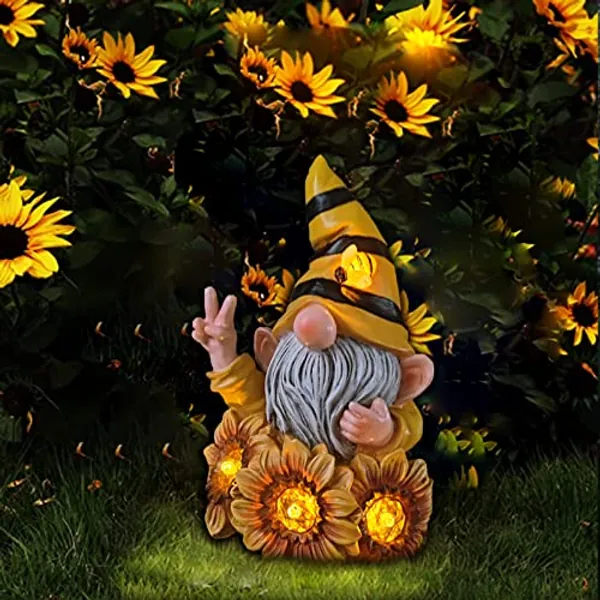 Joint Honglin Garden Gnome Sculptures & Statues Resin Summer Bee Gnome with Sunflower, Outdoor Funny Gnome Decoration Solar Light Gnome Gifts for Yard, Patio Decor for Mom