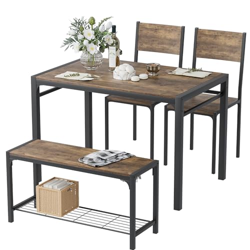 Shahoo Kitchen Table and 2 Chairs for 4 with Bench, 4 Piece Dining Sets for Small Space, Rustic Brown - 4 Piece - Rustic Brown