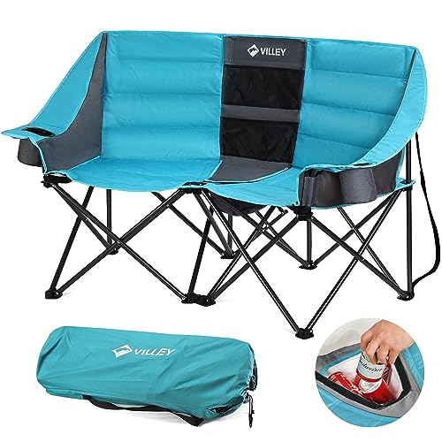 VILLEY Double Camping Chair w/Cooler Bag, Extra Wide Loveseat, Heavy Duty Padded Camping Couch, Portable Folding Chair w/Carry Bag Steel Frame Cup Holders for Camp Lawn Picnic Sports, Support 600LBS - 54"W x 25-1/2"D x 39"H - Blue W/ Cooler