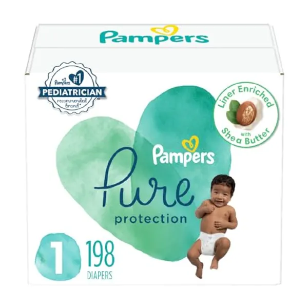 Pampers Pure Protection Diapers - Size 1, One Month Supply (198 Count), Hypoallergenic Premium Disposable Baby Diapers (Packaging May Vary)