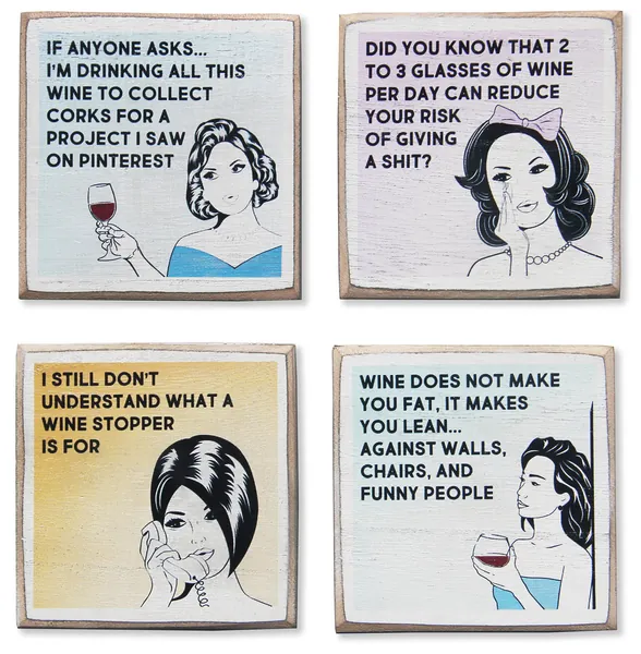 4 Funny Wine Coasters Set & Holder - Rustic Wood with Funny Sayings & Quotes - Great Wine Gift for Women - Housewarming Gift for Wine Lovers - Cool Kitchen Decor - Living Room, Home, Bar Decorations