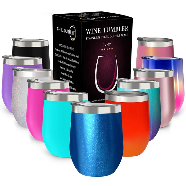 CHILLOUT LIFE 12 oz Stainless Steel Tumbler with Lid & Gift Box - Wine Tumbler Double Wall Vacuum Insulated Travel Tumbler Cup for Coffee, Wine, Cocktails, Ice Cream - Sparkle Tumbler