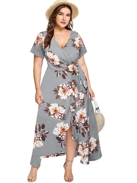 Milumia Plus Size Women Empire Waist Asymmetrical High Low Bohemian Maxi Dress
