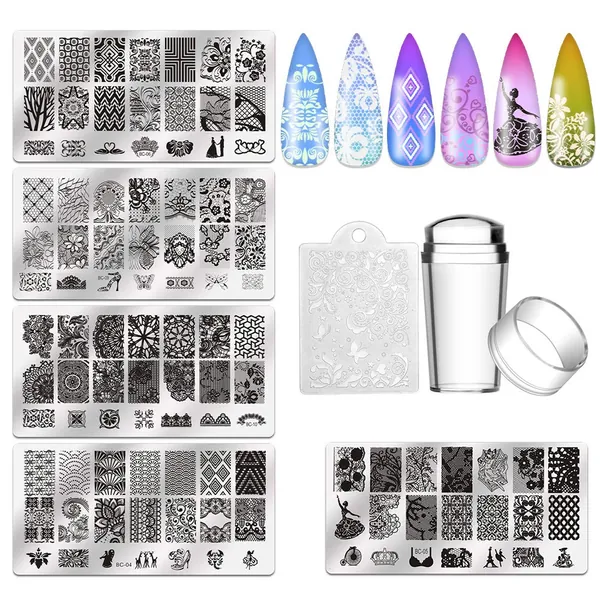 Biutee 5pcs Nail Stamping Plates + 1 Stamper + 1 Scraper Lace Flower Animal Pattern Nail Art Stamp Stamping Template Image Plate Nail Art Stamper Scraper Nails Tool