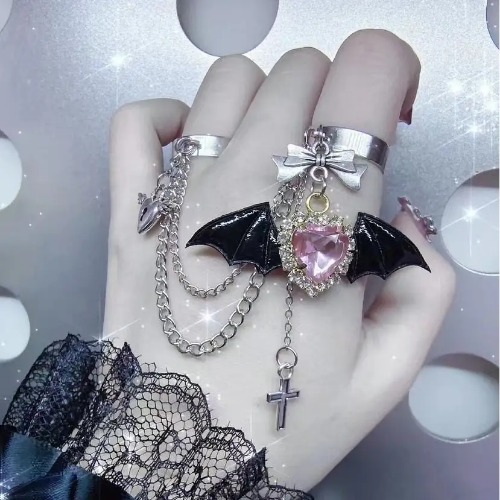 Angelic Goth Ring Set with Bat Wings and Crystal Embellishments - Black