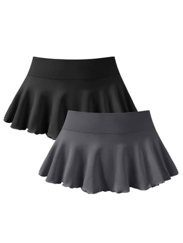 OQQ Women 2 Piece Mini Skirts 2 in 1 Flowy Basic Stretchy Flared Casual Skirts - Medium - Black,darkgrey