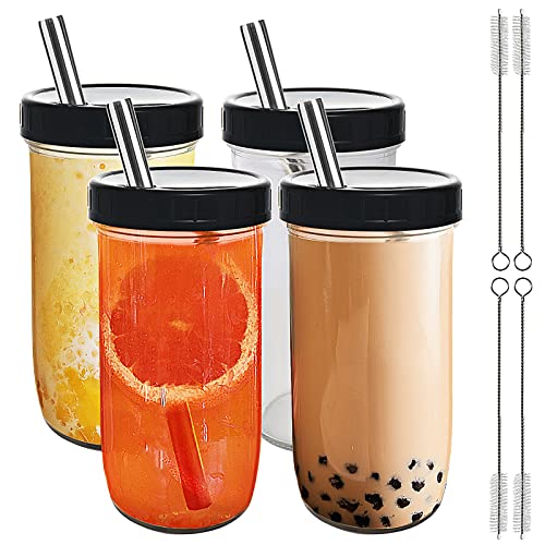 Cisivis Bubble Tea Becher mit Strohhalm 730 ml 2er, Wiederverwendbare Mason Jars, Für Milchshakes, Säfte, Smoothies, Biere Schwarz - B-4er Set Schwarze Deckel