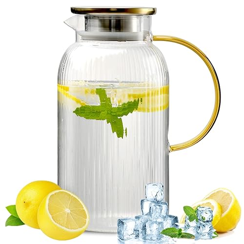 Wlasss Glass Pitcher with Lid, 68 oz 2 Liter Glass Pitcher, Modern Vertical Stripes Iced Tea Pitcher, Glass Water Pitcher for Cold Brew Coffee,Hot Water, Milk, Sun Tea Jar - 2000ML/68OZ
