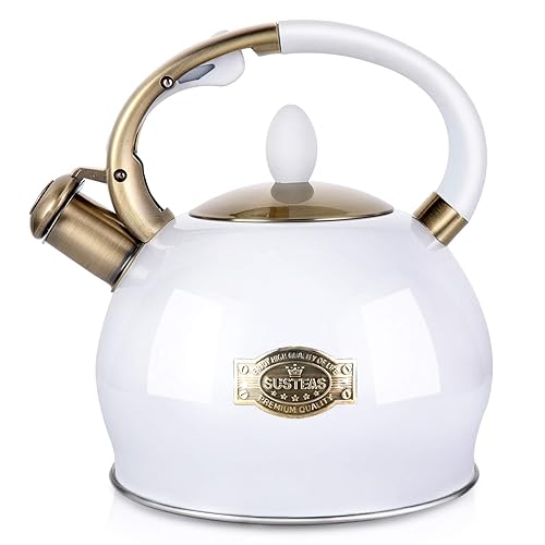 SUSTEAS Stove Top Whistling Tea Kettle - Food Grade Stainless Steel Teakettle Teapot with Cool Touch Ergonomic Handle, With 1 Silicone Pinch Mitt Included, 2.64 Quart(WHITE) - White