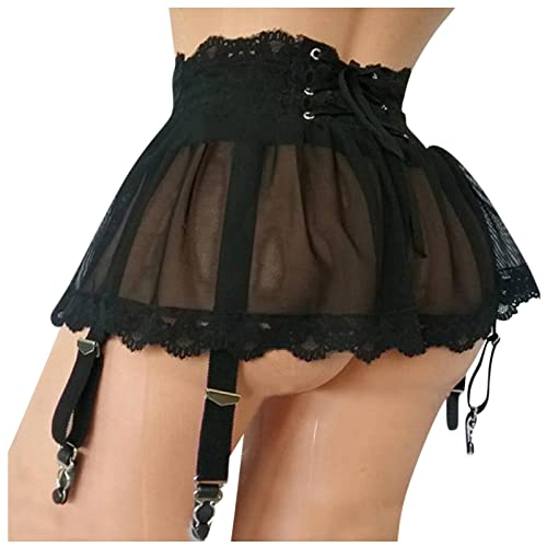 Women Dress Sexy Lingerie Plus Size Bandage Garter Stocking Suspenders Garter Belt Lace Mesh Female Skirt Underwear Strapless Bra Set - Black - S