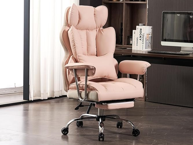Efomao Desk Office Chair, PU Leather Ergonomic Office Chair,Adjustable Big High Back Computer Chair,Executive Swivel Chair with Footrest and Lumbar Support,LIGHT PINK Office Chair - Light Pink