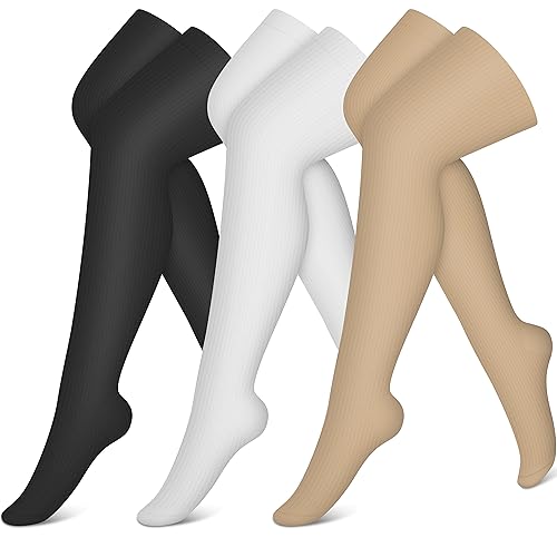 CHARMKING Compression Socks (3 Pairs) Knee High Compression Sock for Women & Men Stockings for Running, Cycling,Athletic - Large-X-Large - 02 Black/White/Beige