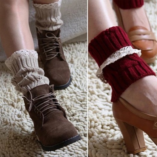 Vintage Style CableKnit At Your Feet Leg Warmer Socks With Lace - Black