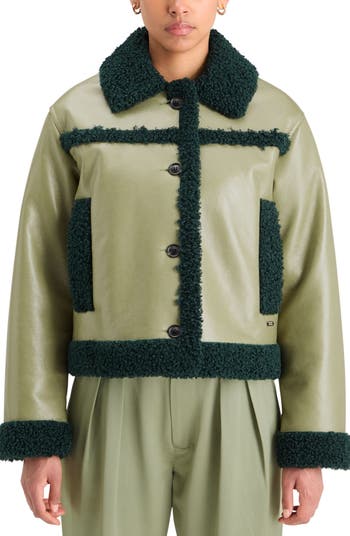 Faux Shearling Trim Faux Leather Jacket