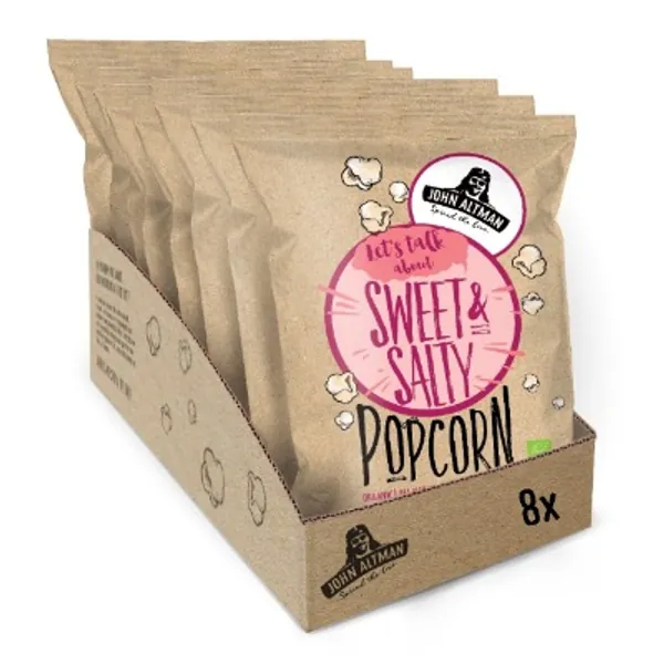 John Altman - biologische popcorn - zoete en zoute popcorn - veganistisch - glutenvrij - caloriearm - 100% natuurlijk - met de beste biologische kokosolie -zonder kunstmatige toevoegingen- perfect voor onderweg- 8x32 gram