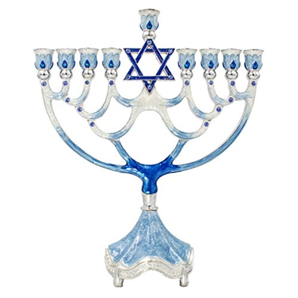 Menorah - Jeweled Star -12 inch high - Enameled Metal Menorah with Jeweled Accents - Painted in Enamels and Highlighted with A Star