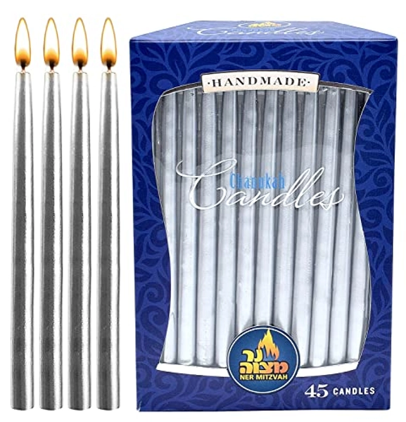 Dripless Chanukah Candles Standard Size - Metallic Silver Hanukkah Candles Fits Most Menorahs - Premium Quality Wax - 45 Count for All 8 Nights of Hanukkah - by Ner Mitzvah