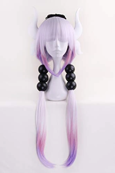 Anime Cosplay Wig Long Purple White Mixed Gradient Hair Synthetic Wigs+6 Balls+Horn+Tail